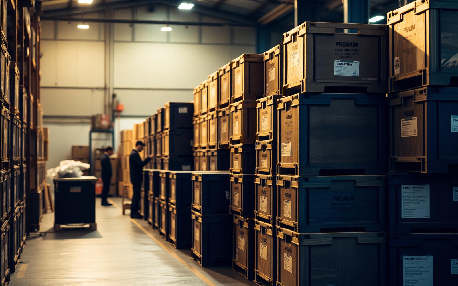 Premium export warehouse with shipping crates being inspected