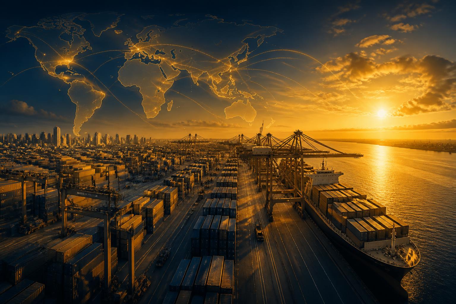 Global trade port at golden hour with world map of trade routes